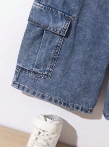 SHEIN Tween Boys' Fashionable Casual Washed Denim Shorts With Tool Pockets - Blue - View 4