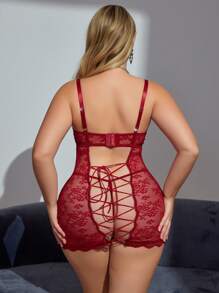 Set de 2 piezas Conjunto de lencería de encaje y tanga para talla grande - Burdeos - Ver 1