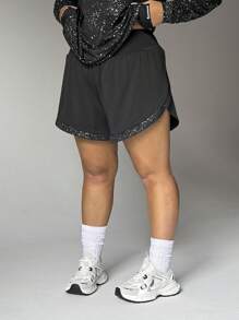 Easithlete Plus Size Casual Patchwork Silver-Foil Sports Shorts With Pockets And Lining, Spring/Summer Sweater Shorts