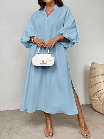 SHEIN Privé Plus Size Kvinnor Sommar Fritidsdag Elegant Semester Strand Romantisk Date Bröllopsfest Stativ krage Lykta ärm Midi Lös Klänning