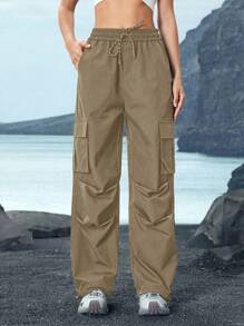 In My Nature 女士户外抽绳工装裤，简约时尚，适合夏季徒步旅行女装 - 卡其色 - 查看 5