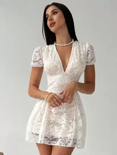 Firerie Elegant Romantic V-Neck Puff Sleeve Lace Mini Dress, For Wedding, Date Night, Spring/Summer Fairycore,Rave Outfits Festival,Graduation,Graduation Dresses For Women,Back To School Dress