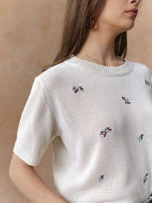 Écloséra Maglietta girocollo lavorata a maglia con ricami in stile francese raffinato e carino, adatta per la primavera/estate