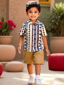 SHEIN LMoss Kids Young Boy Casual Comfortable Vintage Floral Pattern Breathable Short Sleeve Shirt For Daily, School, Travel, Spring Summer Season - Multicolor - View 8