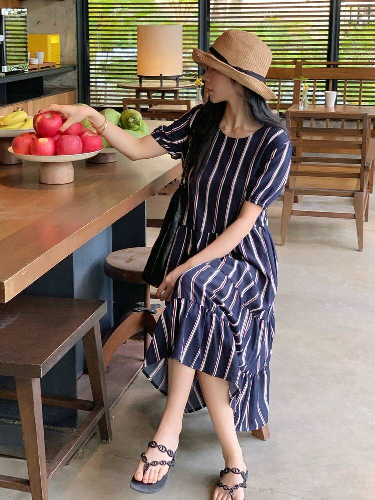 Striped Hollow Out Tie-Up Ruffled Hem Midi Dress For Women Sundress