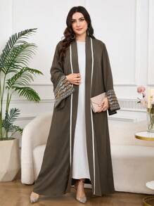 Al Najma Plus Size Elegant Floral Embroidered Flared Sleeve Jacket - Army Green - View 5