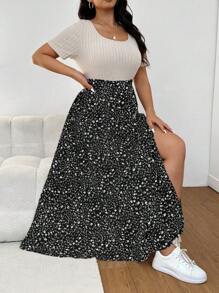 SHEIN Frenchy 大码夏季休闲拼色碎花拼布开衩连衣裙 - 黑色 - 查看 4