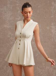 L'Amorae Summer Women Outfit, Women Clothes, Women's Sleeveless Beige Solid Color Fitted Tailored Blazer With Gold Buttons, Minimalist & Fashionable, Women Dresses, Summer Women Dresses, White Women Dresses, Elegant Women Dresses, Spring Women Outfits, Spring Women Dresses, Formal Women Dresses, Business Casual Women, White Dress, Mini Dress, Old Money, Office Women Outfits - Apricot - View 1