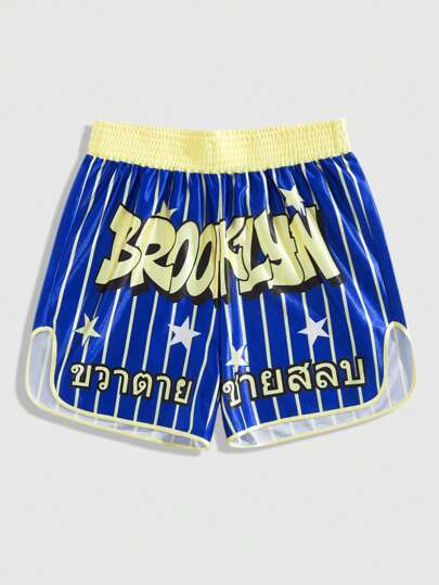 Anime Men's Satin Striped Letter Print Elastic Waist Shorts