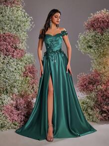 Glamrae Elegant&Luxurious Off Shoulder Satin Gown,3D Floral Design,High Slit,Ruched Flared Maxi Train Dress For Weddings,Galas,Formal Evening Party Guest - Olive Green - View 7