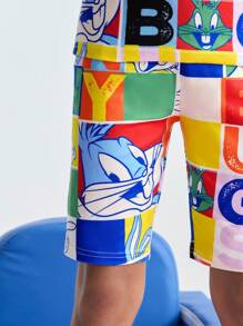 LOONEY TUNES X SHEIN Conjunto de pijama de verano para niño preadolescente con camiseta de cuello redondo elástico con estampado de conejo de color contrastante y pantalones cortos ajustados - Multicolor - Ver 4