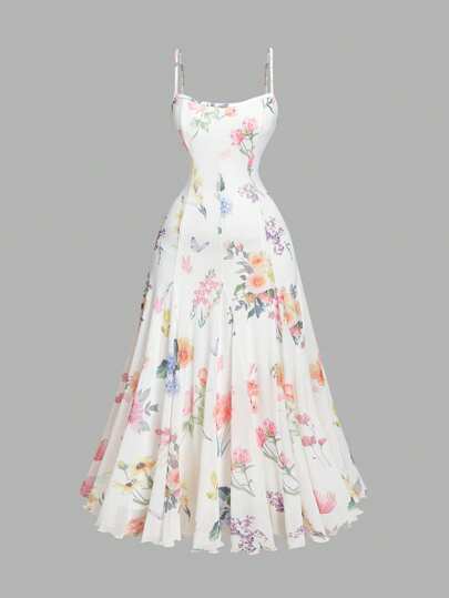 SHEIN MOD 大码女式花卉印花连衣裙，浪漫度假风格，约会女士连衣裙复活节女士复活节连衣裙女士长裙女士连衣裙花卉春季婚礼连衣裙挤奶女工连衣裙