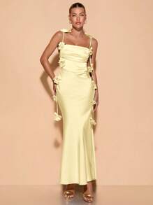 SHEIN BAE 春夏女式派对碎花细肩带露背垂坠领度假连衣裙、婚礼宾客连衣裙 - 黃色 - 查看 3