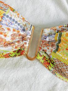 Soleia Swim Suits For Women,Summer Outfits For Women,Boho,Bikini Set,Beachwear,Vacation Outfits Woman,Beach Outfits For Woman,Vacation Women's Colorful Floral Retro Print Patchwork U-Shaped Metal Buckle Decor Lace Up Bikini Top