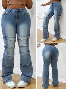 SHEIN Slayr Women's Multi-Pocket Flared Casual Versatile Denim Jeans