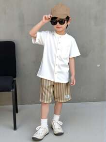 SHEIN Young Boy Patched Pocket Shirt & Vertical Striped Drawstring Waist Shorts