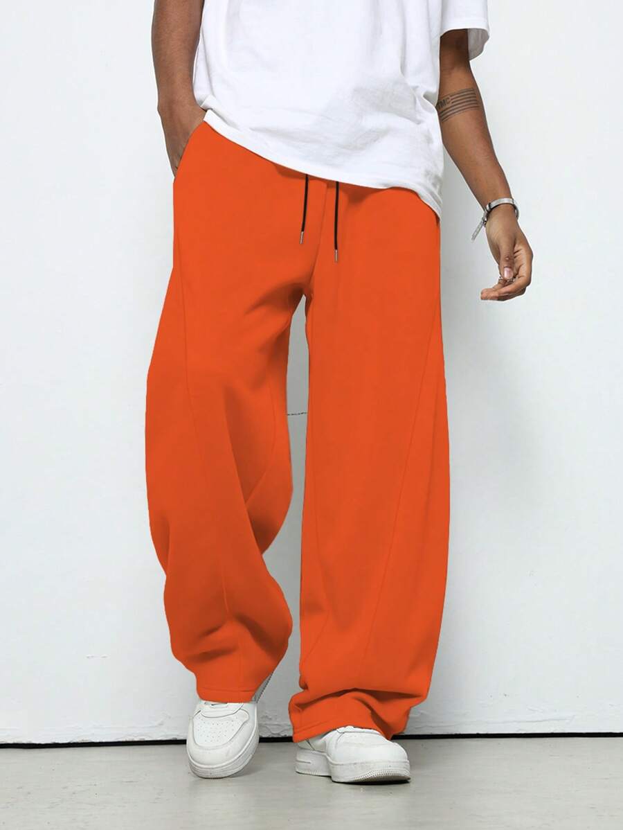 Manfinity Roghcode Men's Solid Color Drawstring Waist Wide Leg Loose Casual Sweatpants, For Rave - Orange - View 1