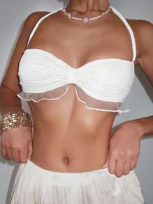 SHEIN ICON Áo yếm cổ yếm bèo nhún nơ thắt nơ - trắng - Xem 4