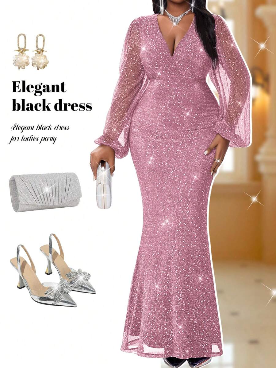 Fleurora 大码女士优雅紫色通勤连衣裙，秋季长款正式晚礼服秋季女装秋季连衣裙外出服舞会礼服演唱会女装新年连衣裙大码连衣裙派对长裙婚礼宾客连衣裙女士长袖连衣裙，情人节 - 粉色 - 查看 1