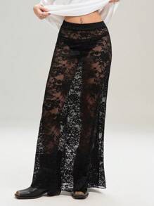 SHEIN EZwear Falda larga negra de encaje sexy de talla grande para mujer, de verano