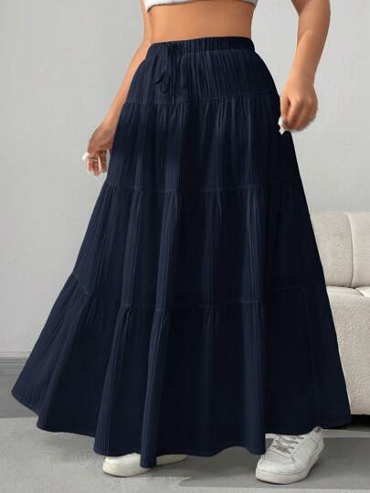 SHEIN EZwear 大码女式纯色系腰荷叶边下摆长款休闲中长裙