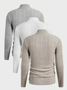 Manfinity VCAY Conjunto de 3 camisetas de manga larga de cuello redondo de corte slim casual para hombre, adecuado para otoño