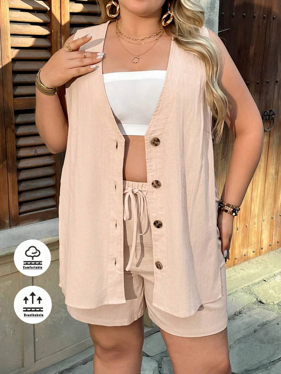 SHEIN VCAY 2 pièces Ensemble Top décontracté texturé sans manches et short à taille élastique pour femmes grande taille - Kaki - Voir 1