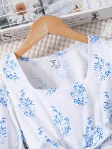 SHEIN Rochie de vară pentru fete Tween, cu gât pătrat, la modă simplă, cu mâneci scurte