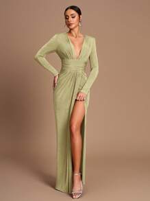 SHEIN Belle Vestido de dama de honor de punto de manga larga, con corte recto, abertura lateral y cintura fruncida, en un elegante y romántico color café