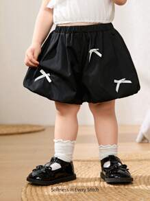 Cozy Pixies Shorts décontractés pour bébé fille avec nœud 3D décoratif et taille élastique - Noir - Voir 1