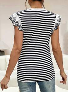 SHEIN Maternity Striped Round Neck Ruffled Sleeve Casual Versatile T-Shirt - Black and White - View 2