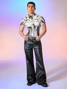 FeverCity 男女同款街头风机械印花针织插肩袖短款圆领修身短款 T 恤，时尚，夏季 - 彩色 - 查看 2