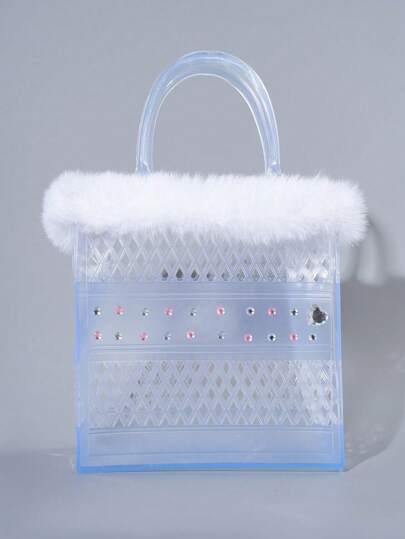 Kawaii 1 pieza Bolso de mano pequeño y de moda personalizado con collar de peluche y transparente de PVC