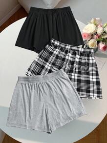 SHEIN LUNE Plus Size Women Casual Solid Color & Plaid Shorts, Multipack Western Wear Women Boho Bohemian 90s Clothes Festival Summer Outfits For Women Summer Boho Old Money Summer Outfits For Women Spring Break Rave Outfits Festival Spring Break Outfits Business Casual Woman