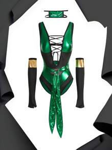 Fantasy Costume Conjunto de 5 piezas de lencería sexy con tiras cruzadas, diseño hueco y PU, en color negro y verde, para fiesta