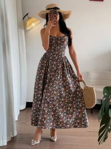 Breezaya Vestido largo con estampado floral, silueta en línea A, cuello en V, cintura ceñida, bajo acampanado, cremallera oculta en la espalda, para primavera/verano