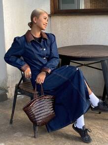 DAZY Damen Denim Kleid mit kontrastfarbigem Kragen, Puffärmeln, Herbstmode für Frauen - Blau - Übersicht 1