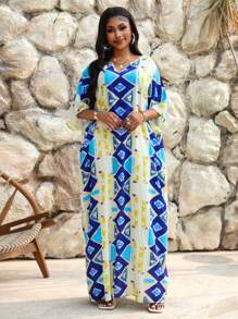 Fleurora   Spring And Summer Autumn And Winter Elegant Navy Blue Woven Notched Kaftan Dress Plus Size Dresses Summer Dresses For Women Vacation Outfits Woman Beach Outfits For Woman - Blue - View 4