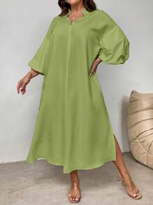 SHEIN Privé Plus Size Women's Elegant Vacation Beach Romantic Date Wedding Party Stand Collar Lantern Sleeve Mid-Length Loose Dress, Suitable For Summer - Green - View 2