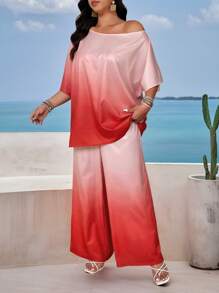 SHEIN Clasi Plus Size Ombre Raglan Top + Wide Leg Pants Set,Beach Outfits