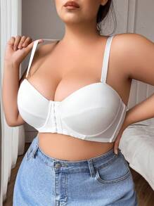 1pc Women Plus Size Front Hook Lace Patchwork Wireless Bra - White - View 5