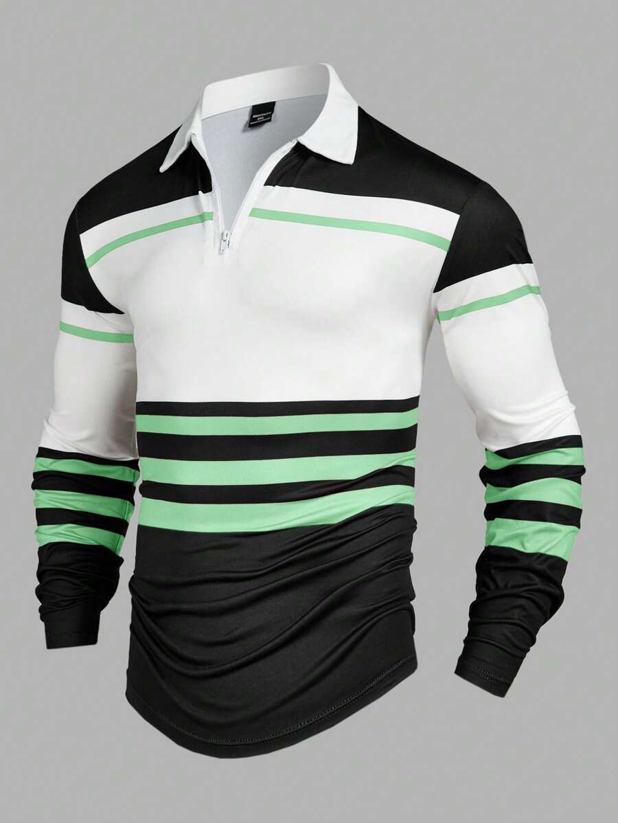 Manfinity Homme Camisa tipo polo de manga larga con estampado de color contrastante para hombre, de estilo casual