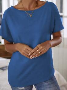 EMERY ROSE Women's Solid Color Asymmetric Neck Casual Short Sleeve T-Shirt - Blue - View 5