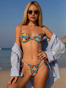 Tenues d'été pour femmes, nouveau Top court imprimé à bretelles avec ensemble de bikini mignon à nœud sur le côté, vêtements de plage