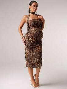 MaterniChic أنيق طقم قطعتين للحمل بطبعة جلد النمر الجذاب للحفلات - كاكي - مشاهدة 5