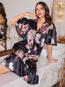 Women Elegant Floral Print Ruffle Trim Short Sleeve Satin Nightgown - Black - View 4