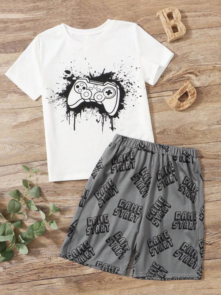 SHEIN Tween Boy Graphic And Ink Splatter Print Top & Shorts PJ Set - Multicolor - View 1