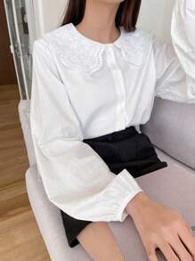 DAZY Lantern Sleeve Eyelet Embroidered Statement Collar Blouse,Long Sleeve Tops,Fall Clothes Preppy Tops - White - View 4