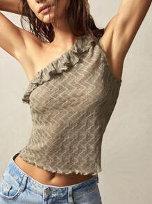 Bohemela Boho Women's Bohemian Style Casual Solid Color Knit Asymmetrical Neck Fitted Tank Top, For Summer Vacation - Army Green - View 2