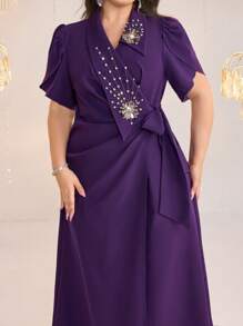 Modelyn Plus Size Women Rhinestone Decor Petal Short Sleeve Side Tie Waist Elegant Dress - Purple - View 2